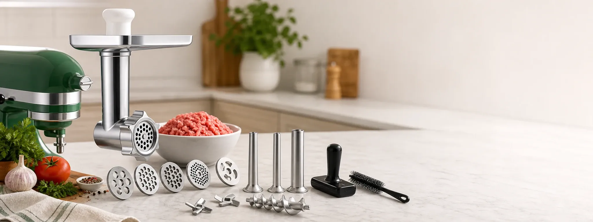 KitchenAid-compatible multifunction attachment set with stainless steel meat grinder parts, slicing and shredding discs, a bowl of minced meat, fresh garlic and tomatoes, and a mixer shown in a bright modern kitchen.